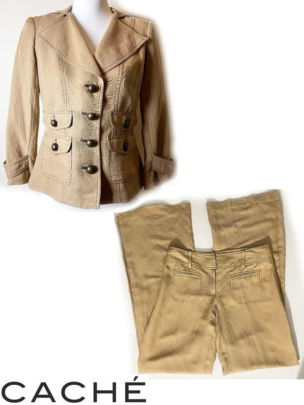 Cache Linen Blend Vintage Tan Pant Suit | Size XS for jacket; 0 for pants | EUC